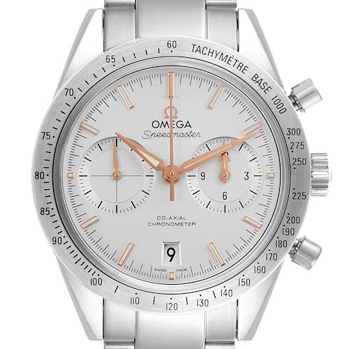 The image shows a front view of an Omega Speedmaster 331.10.42.51.02.002 Men's Stainless Steel Silver Dial 331.10.42.51.02.002 Men's Stainless Steel Silver Dial watch displaying the face, bezel, and pushers.