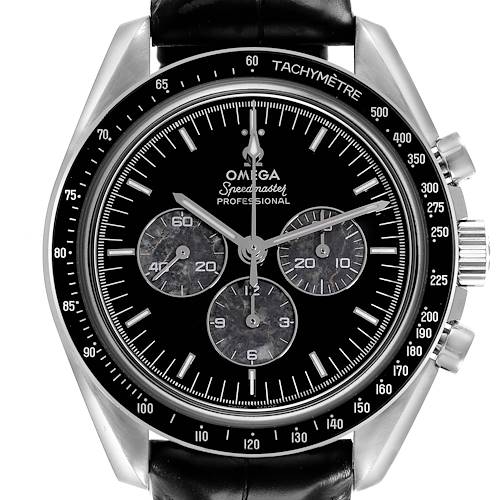The image shows a front view of the Omega Speedmaster 311.93.42.30.99.001 Men's Platinum Black Dial 311.93.42.30.99.001 Men's Platinum Black Dial watch, highlighting the dial, tachymeter bezel, and chronograph subdials.