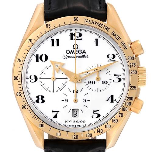 The image shows a front view of the Omega Speedmaster 3656.20.31 Men's Yellow Gold White Dial 3656.20.31 Men's Yellow Gold White Dial watch, focusing on the dial, tachymeter bezel, and crown.