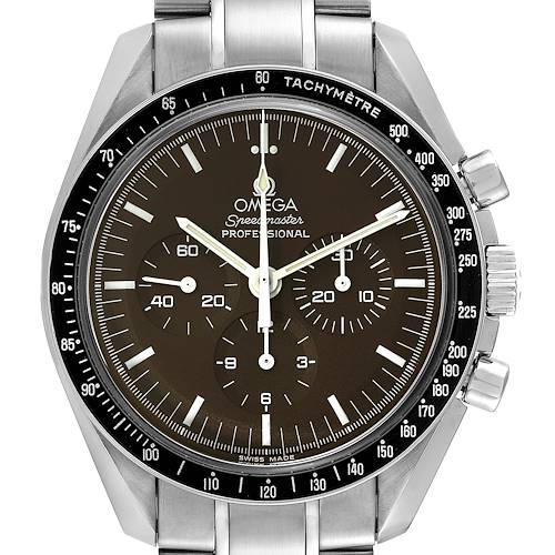 This image shows a front view of the Omega Speedmaster 311.30.42.30.13.001 Men's Stainless Steel Brown Dial 311.30.42.30.13.001 Men's Stainless Steel Brown Dial watch, focusing on its dial, bezel, and bracelet.