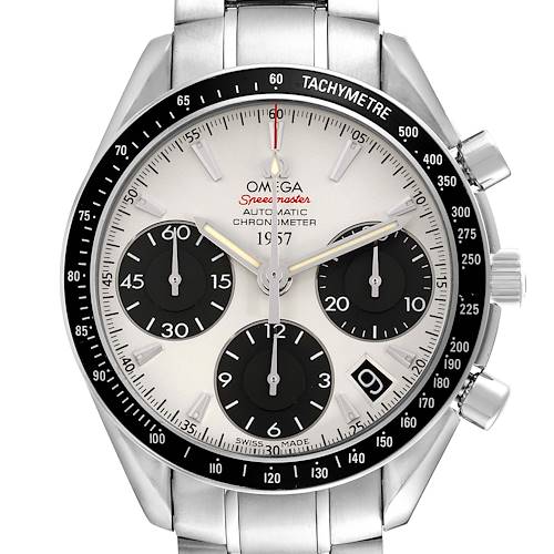 The Omega Speedmaster model 323.30.40.40.02.001 is shown from the front, displaying its face, tachymeter bezel, subdials, and part of the bracelet.