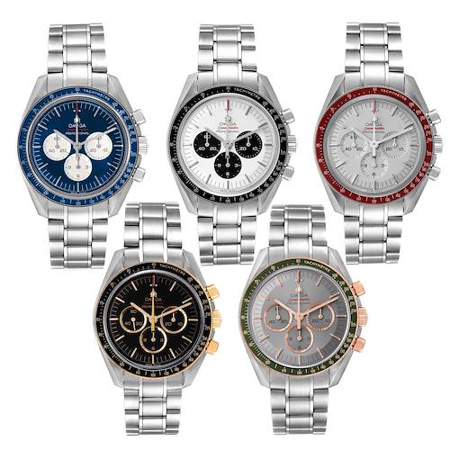 This image shows five Omega Speedmaster 522.30.42.30.06.001 Men's Stainless Steel Black Dial 522.30.42.30.06.001 Men's Stainless Steel Black Dial watches from the front, displaying different dial and bezel color variations.