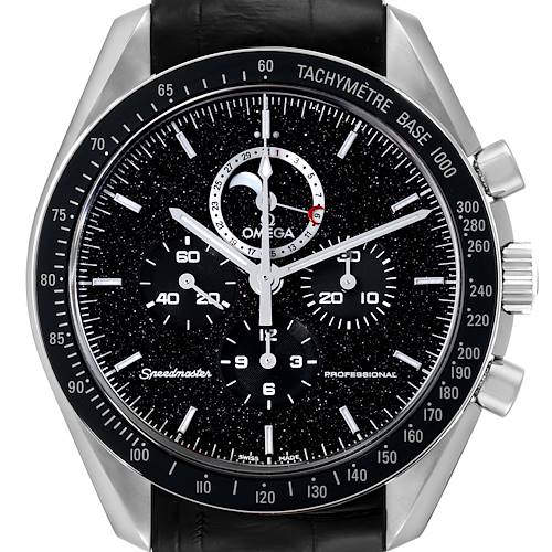 The image shows a front view of the dial of the Omega Speedmaster 311.33.44.32.01.001 Men's Stainless Steel Black Dial 311.33.44.32.01.001 Men's Stainless Steel Black Dial watch, highlighting its chronograph subdials and tachymeter bezel.