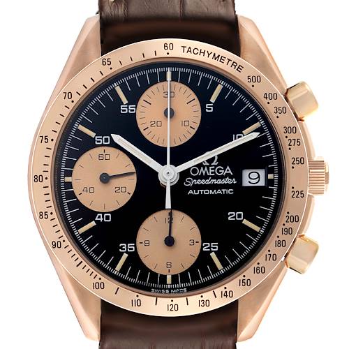The Omega Speedmaster 3616.50.20 Men's Rose Gold Black Dial 3616.50.20 Men's Rose Gold Black Dial watch is shown from a top-down angle, highlighting the dial, subdials, and tachymeter bezel.