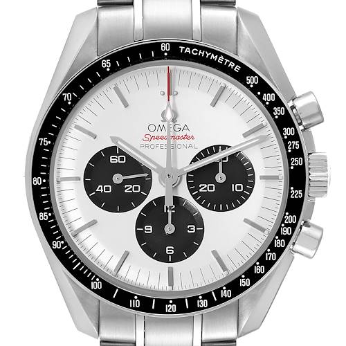 This Omega Speedmaster 522.30.42.30.04.001 Men's Stainless Steel White Dial 522.30.42.30.04.001 Men's Stainless Steel White Dial watch is shown from a front angle, highlighting its face, bezel, and chronograph subdials.
