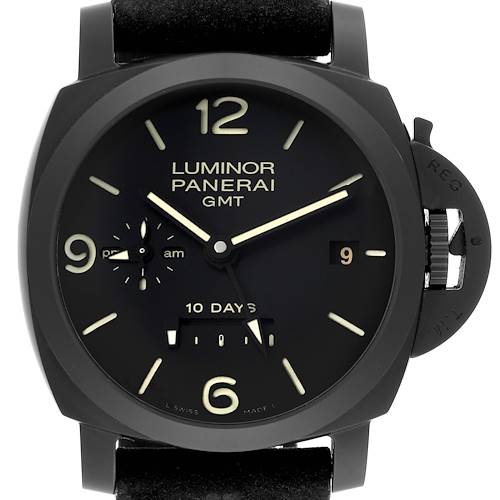 The image shows a front view of a Panerai Luminor PAM00335 Men's Ceramic Black Dial PAM00335 Men's Ceramic Black Dial GMT watch displaying its dial, hands, and crown guard.