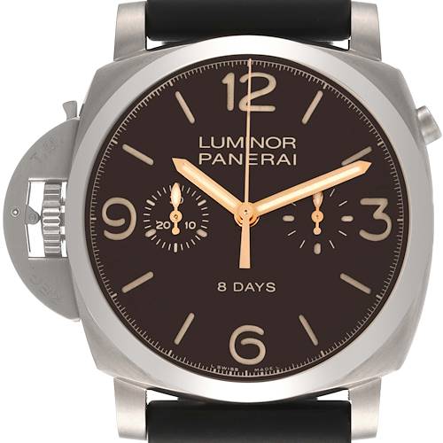This image shows a frontal view of a Panerai Luminor PAM00579 Men's Titanium Brown Dial PAM00579 Men's Titanium Brown Dial watch, displaying its dial, hands, and crown guard.