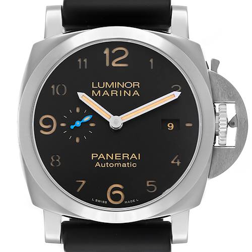 The Panerai Luminor PAM01359 Men's Stainless Steel Black Dial watch is shown from a front angle, displaying its face, crown, and protective locking mechanism.
