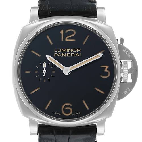 The image shows a frontal view of a Panerai Luminor Due PAM00676 Men's Stainless Steel Black Dial watch, highlighting its dial, case, and crown guard.