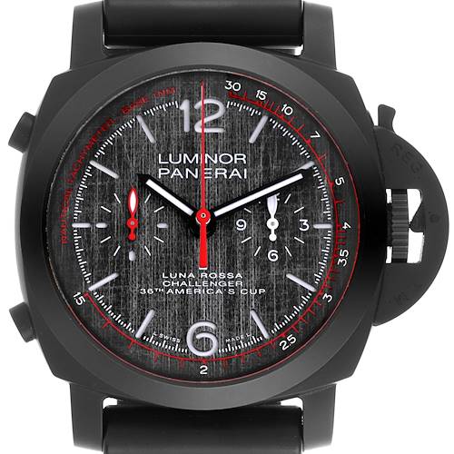 The image shows a frontal view of the Panerai Luminor PAM01037 Men's Ceramic Grey Dial PAM01037 Men's Ceramic Grey Dial watch, highlighting its dial, case, and strap.