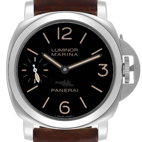 The image shows a front view of the Panerai Luminor PAM00412 Men's Stainless Steel Black Dial PAM00412 Men's Stainless Steel Black Dial watch, highlighting its dial, markers, crown guard, and leather strap.