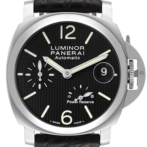 This image shows a front view of a Panerai Luminor PAM00241 Men's Stainless Steel Black Dial PAM00241 Men's Stainless Steel Black Dial watch featuring the dial, hands, date window, and power reserve indicator.