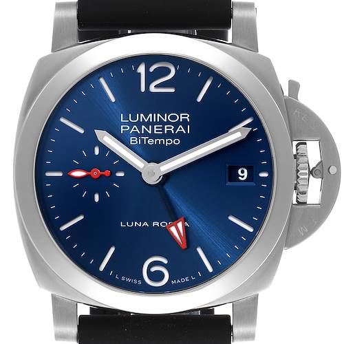 The image shows a Panerai Luminor PAM01404 Men's Stainless Steel Blue Dial PAM01404 Men's Stainless Steel Blue Dial watch face, featuring a blue dial, hands, numerals, date window, and the crown guard.