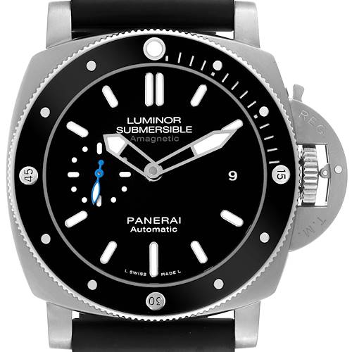 The image shows a front view of the Panerai Submersible PAM01389 Men's Titanium Black Dial PAM01389 Men's Titanium Black Dial watch, highlighting the dial, bezel, crown guard, and strap.