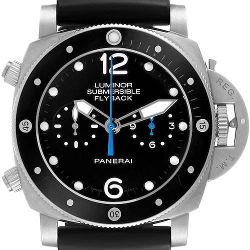 The image shows a front angle of a Panerai Luminor Submersible Flyback watch, highlighting the dial, bezel, and strap.