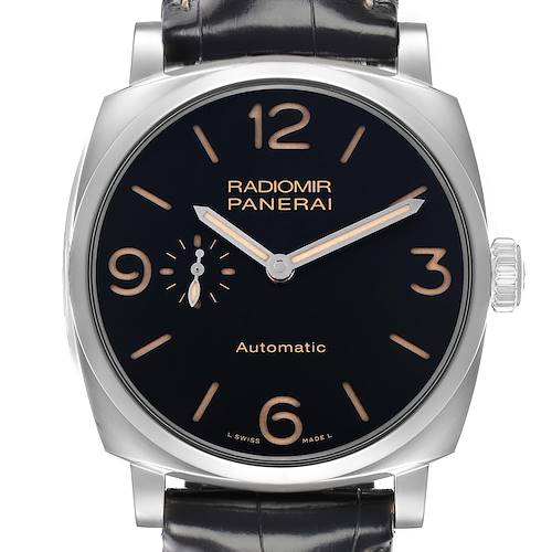The Panerai Radiomir PAM00572 Men's Stainless Steel Black Dial watch is shown from a front angle, highlighting its dial, case, and crown.