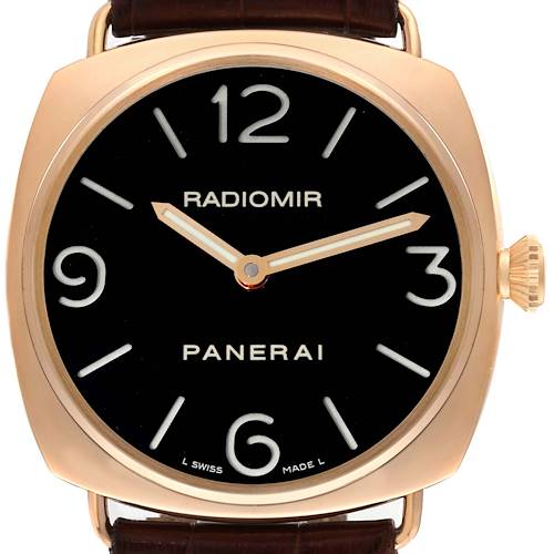 The image shows a front view of the Panerai Radiomir PAM00231 Men's Rose Gold Black Dial watch, highlighting its black dial, gold case, crown, and brown leather strap.