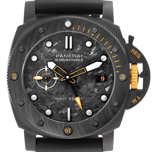The image shows a close-up, front view of the Panerai Submersible PAM01324 Men's Ceramic Grey Dial PAM01324 Men's Ceramic Grey Dial watch, highlighting its dial, hands, and bezel.