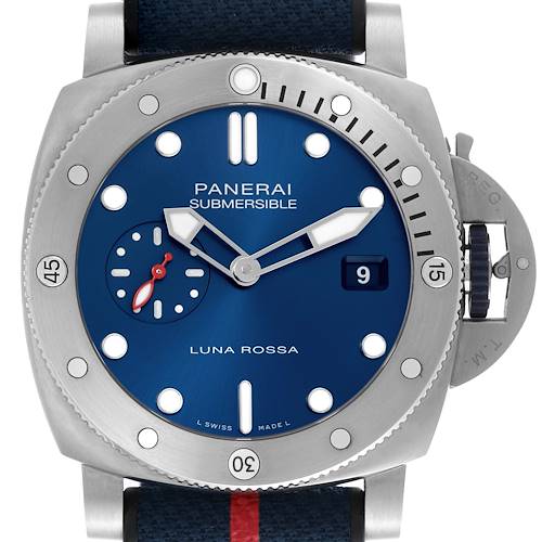 The image shows a straight-on view of the Panerai Submersible PAM01391 Men's Stainless Steel Blue Dial PAM01391 Men's Stainless Steel Blue Dial watch, highlighting its blue dial, bezel, and crown guard.