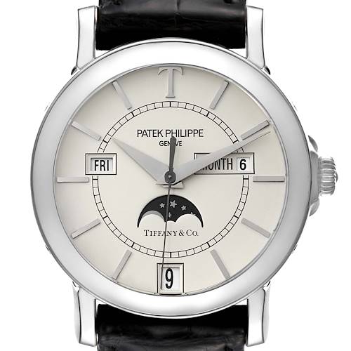 The image shows a front view of a Patek Philippe Complications 5150G Men's White Gold Silver Dial 5150G Men's White Gold Silver Dial watch, displaying the face with day, date, month indicators, and moon phase.