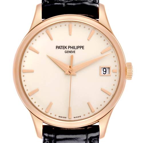 The Patek Philippe Calatrava 5227R-001 Men's Rose Gold Champagne Dial watch is shown from the front, highlighting the dial, indices, hands, crown, and leather strap.