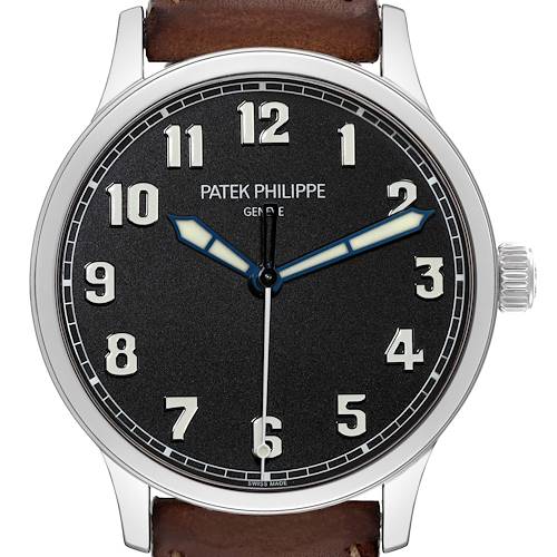 The image shows a front view of a Patek Philippe Calatrava 5522A-001 Men's Stainless Steel Blue Dial 5522A-001 Men's Stainless Steel Blue Dial model watch, featuring its face, hour markers, hands, and part of the leather strap.