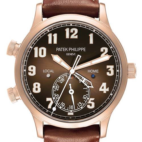 The Patek Philippe Calatrava 5524R-001 Men's Rose Gold Brown Dial watch is shown face-on, displaying the dial, hour markers, and crowns.