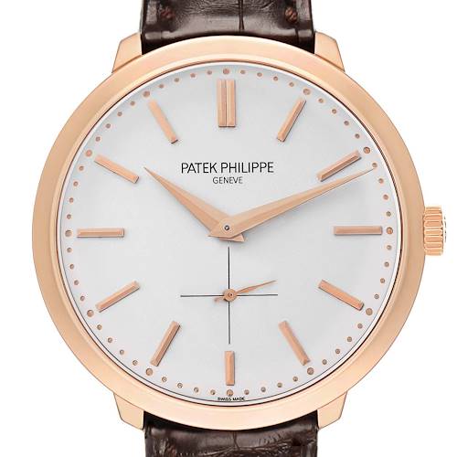 The Patek Philippe Calatrava 5123R Men's Rose Gold Silver Dial watch is shown from a front angle, displaying the dial, hands, indices, and crown.