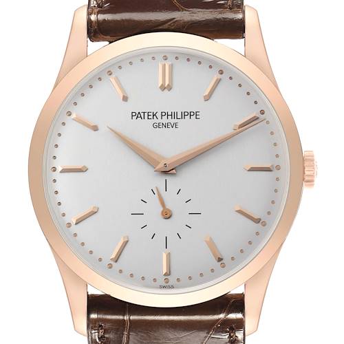 The Patek Philippe Calatrava 5196R Men's Rose Gold Silver Dial watch is shown from the front, displaying the dial, hands, indices, and crown.