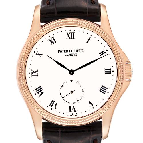 The image shows a frontal view of a Patek Philippe Calatrava 5115R-001 Men's Rose Gold White Dial 5115R-001 Men's Rose Gold White Dial watch, highlighting its brown strap, white dial, and Roman numeral indices.
