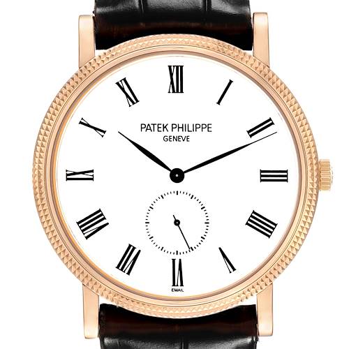 The image shows a frontal view of the Patek Philippe Calatrava 5116R Men's Rose Gold White Dial, displaying the dial, hands, bezel, and part of the strap.