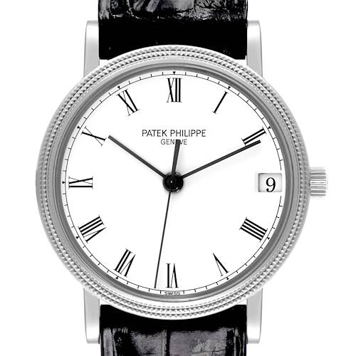 The image shows a front view of the Patek Philippe Calatrava 3802/200G-001 Men's White Gold White Dial 3802/200G-001 Men's White Gold White Dial watch, displaying its dial, Roman numerals, and date window.