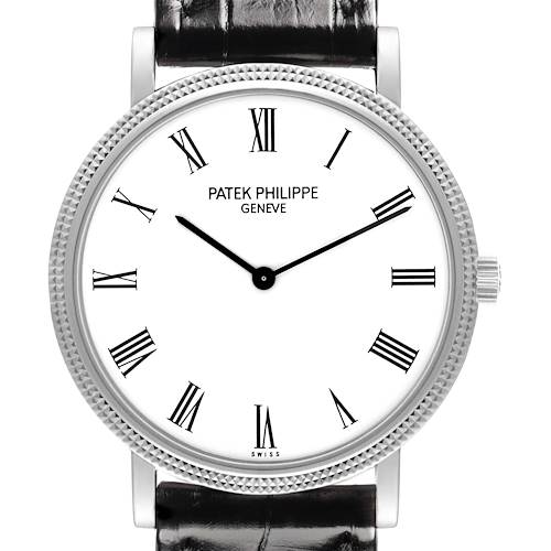 The image shows a front view of the Patek Philippe Calatrava 5120G-001 Men's White Gold White Dial 5120G-001 Men's White Gold White Dial watch, highlighting its face, bezel, and strap.