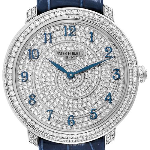 The image shows a front view of a Patek Philippe Calatrava 4978 Women's White Gold Silver Dial 4978 Women's White Gold Silver Dial watch with a diamond-studded dial and blue numerals.