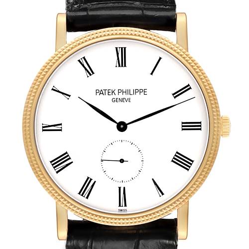 This Patek Philippe Calatrava 5119J-001 Men's Yellow Gold White Dial watch is shown from the front, displaying the dial, Roman numerals, hands, and a leather strap.