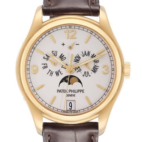 The Patek Philippe Complications model 5146J watch is shown from the front, highlighting its gold case, white dial, sub-dials, moon phase, and date display.