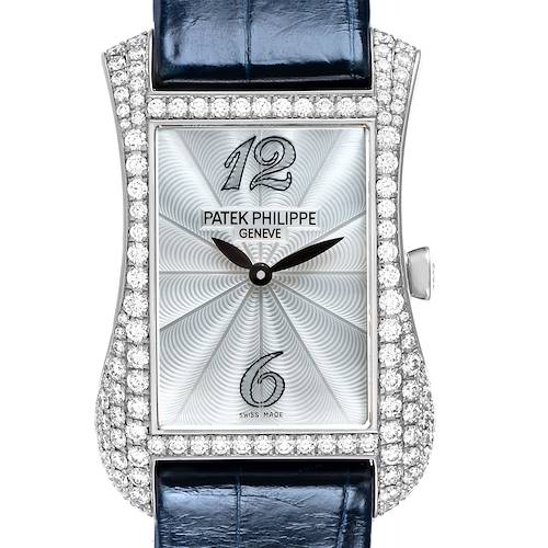 The image shows a front view of the Patek Philippe Gondolo 4972G-001 Women's White Gold Mother of Pearl Dial watch highlighting its diamond-encrusted case, dial, and strap.