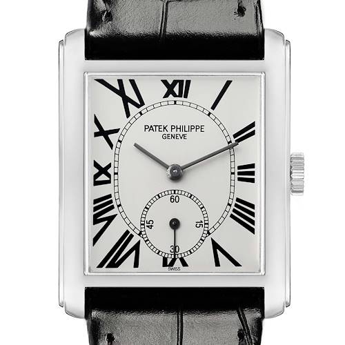 The Patek Philippe Gondolo 5014 Men's White Gold Silver Dial watch is shown from the front, highlighting its rectangular case, dial, and Roman numeral markers.