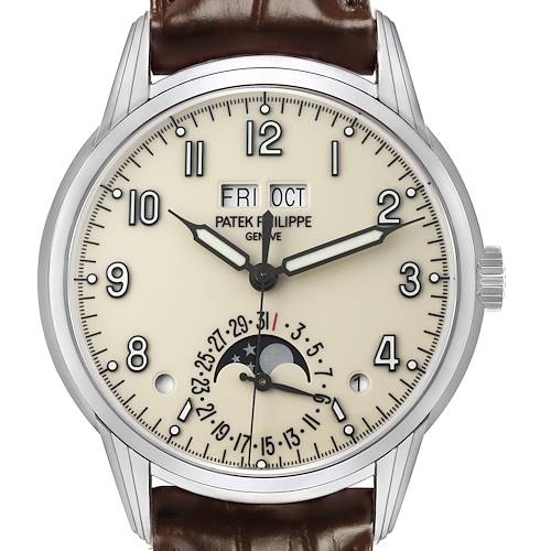 The Patek Philippe Complications 5320G Men's White Gold White Dial is shown from a front angle, highlighting the dial, hands, and moon phase display.
