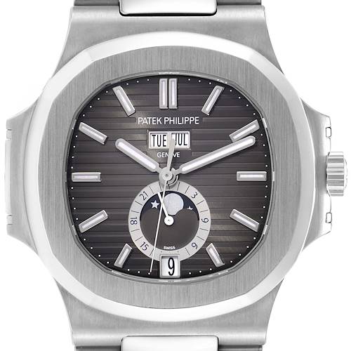 The Patek Philippe Nautilus 5726/1A-014 watch is shown from the front, highlighting the dial with day, date, moon phase, and hour markers.