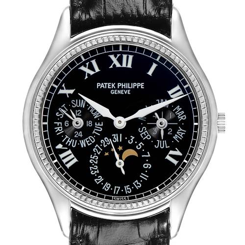 The Patek Philippe Complications 5038G Men's White Gold Black Dial 5038G Men's White Gold Black Dial watch is shown from the front, displaying its dial with calendar, moon phase, and Roman numerals.