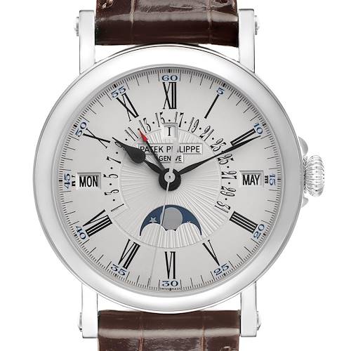 The Patek Philippe Complications 5159G-001 Men's White Gold Silver Dial 5159G-001 Men's White Gold Silver Dial watch is shown from the front, featuring a detailed dial with Roman numerals and a brown leather strap.