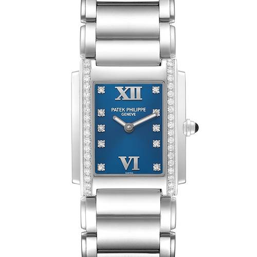 The Patek Philippe Twenty-4 4910/10A Women's Stainless Steel Blue Dial watch is shown from a top view, highlighting the face, bracelet, and side crown.