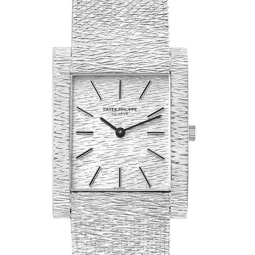 The image shows a front view of a Patek Philippe Vintage 3553/1 Men's White Gold Silver Dial watch, highlighting its textured dial, case, and part of the bracelet.