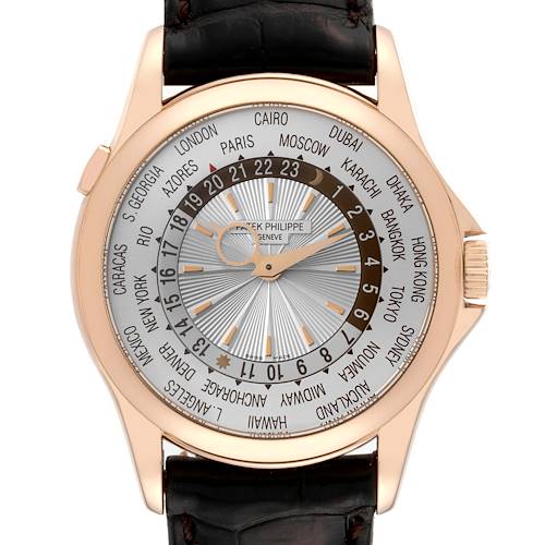 The image shows a head-on view of a Patek Philippe Complications 5130R-001 Men's Rose Gold Silver Dial 5130R-001 Men's Rose Gold Silver Dial watch, displaying its face and world time zones.