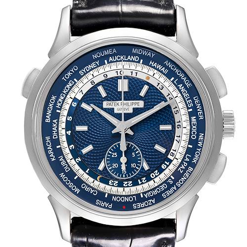The Patek Philippe Complications 5930G-001 Men's White Gold Blue Dial 5930G-001 Men's White Gold Blue Dial watch is shown from a frontal angle, displaying the dial, crown, and pushers.