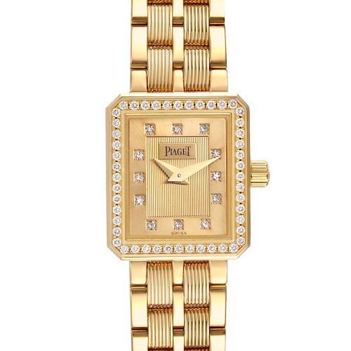 The image shows a front view of the Piaget 5355 M601D Women's Yellow Gold Champagne Dial 5355 M601D Women's Yellow Gold Champagne Dial M601D 18K Yellow Gold Diamond Ladies Watch displaying its face and part of the band.