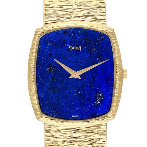 This image shows a frontal view of the Piaget Men's Yellow Gold Blue Dial Men's Yellow Gold Blue Dial 18k Yellow Gold Blue Lapis Lazuli Stone Dial Vintage Men's Watch, highlighting the dial, hands, and bezel.