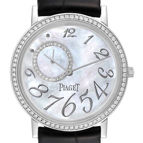 This image shows a front view of the Piaget GOA31106 Men's White Gold Mother of Pearl Dial GOA31106 Men's White Gold Mother of Pearl Dial Altiplano GOA31106 watch, highlighting its mother-of-pearl dial and diamond bezel.