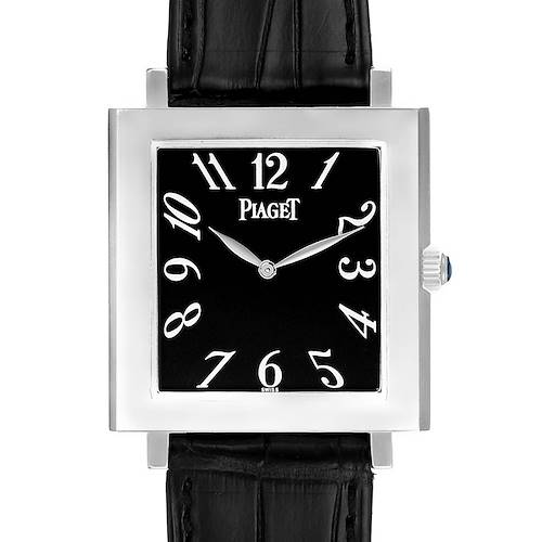 The Piaget 9930 Women's White Gold Black Dial 9930 Women's White Gold Black Dial Altiplano Ultra Thin 9930 watch is shown from the front, highlighting its square 18K white gold case, black dial, and black strap.